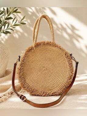 Lauren Conrad Round Straw Crossbody Bag Boho Fringe Summer Beach Tan
